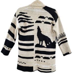Obey Stone Beige & Black Wolf Western Print Open Front Knit Cardigan Women’s XS